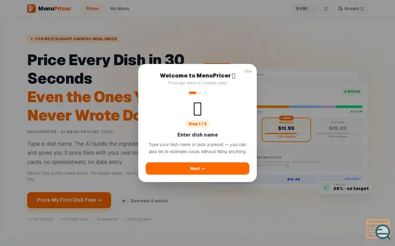 Screenshot of AI Menu Pricing Tool & Food Cost Calculator | MenuPricer