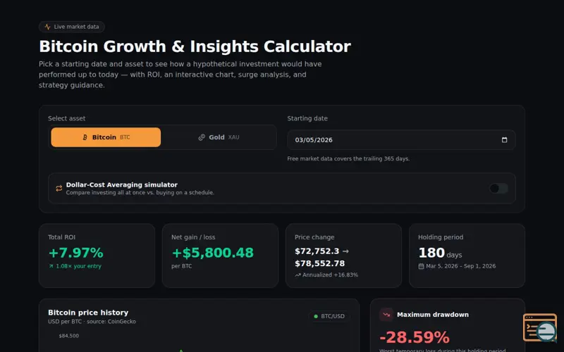 Screenshot of Bitcoin Growth & Insights Calculator