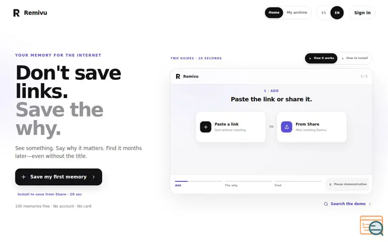 Screenshot of Remivu — Guarda el porqué · Save the why
