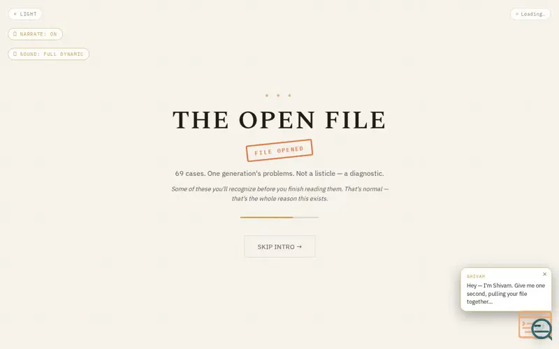 Screenshot of THE OPEN FILE — 69 Cases