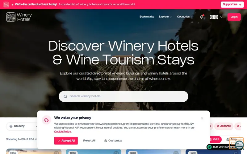 Screenshot of Winery Hotels
