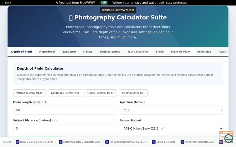 Screenshot of FreeWWW Photography Calculator Suite