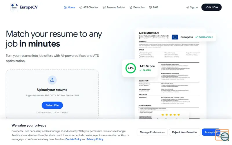 Screenshot of EuropeCV