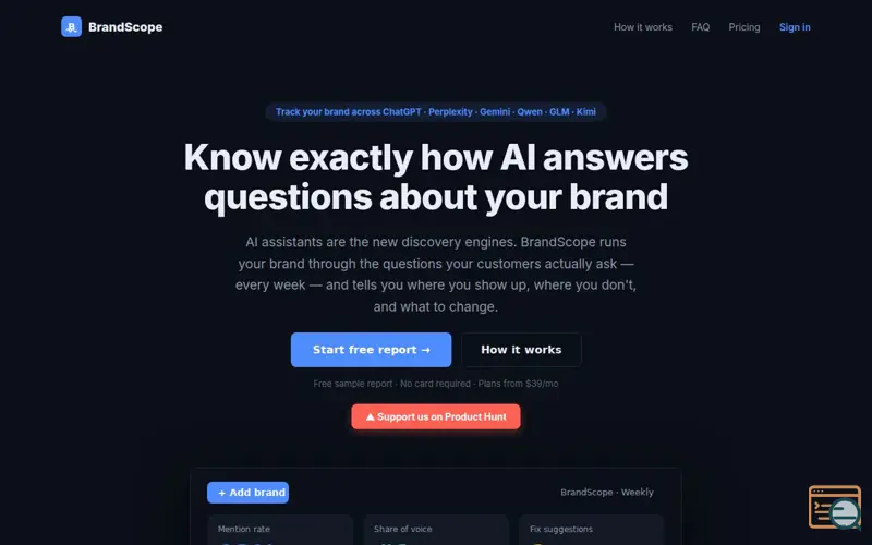 Screenshot of BrandScope AI — Track how AI mentions your brand