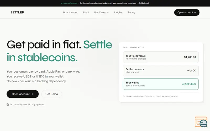 Screenshot of Settler — Accept fiat. Settle in USDT.