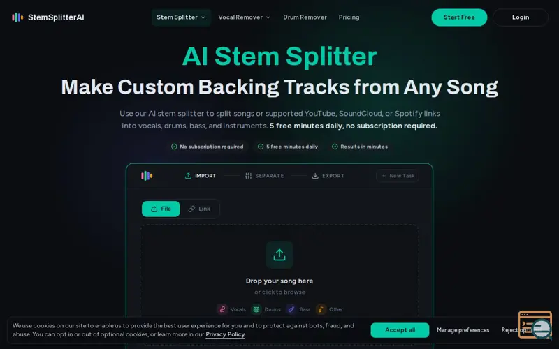 Screenshot of StemSplitterAI, a launch using ToolPilot