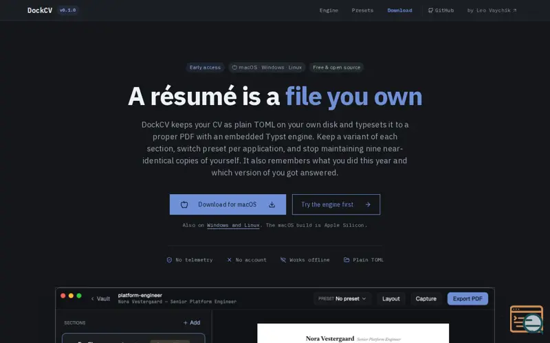 Screenshot of DockCV