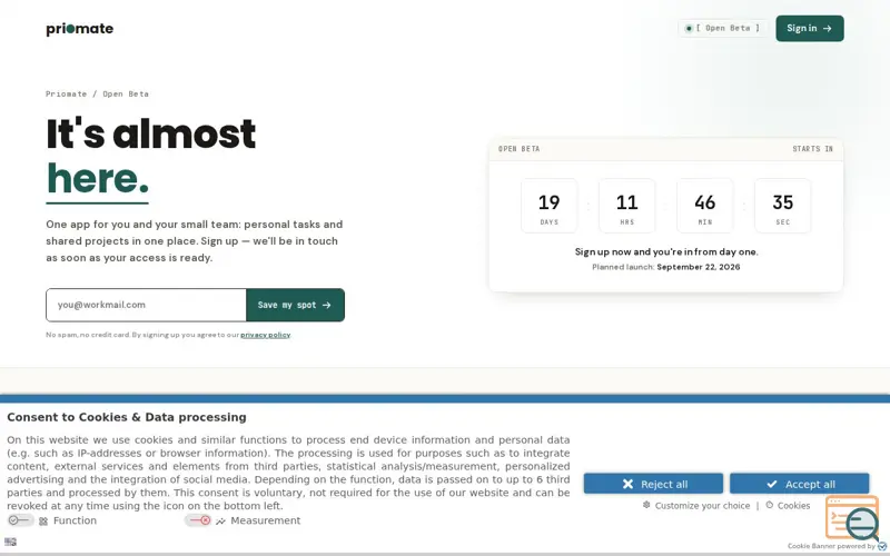 Screenshot of Priomate — Open Beta coming soon.