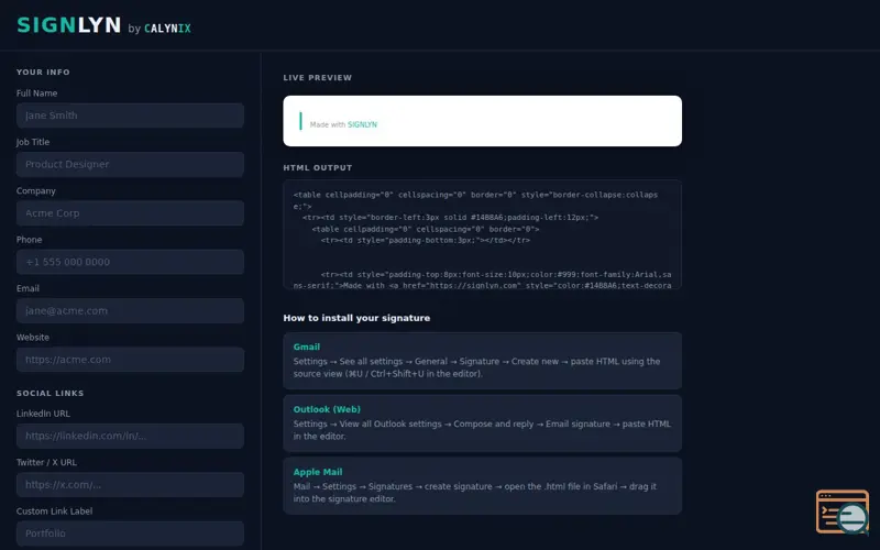 Screenshot of SIGNLYN