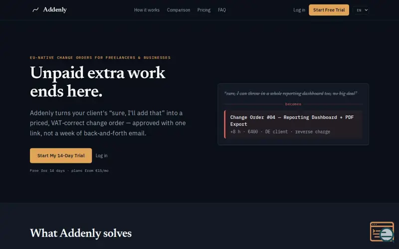 Screenshot of Addenly — EU VAT-Compliant Change Orders for Freelancers