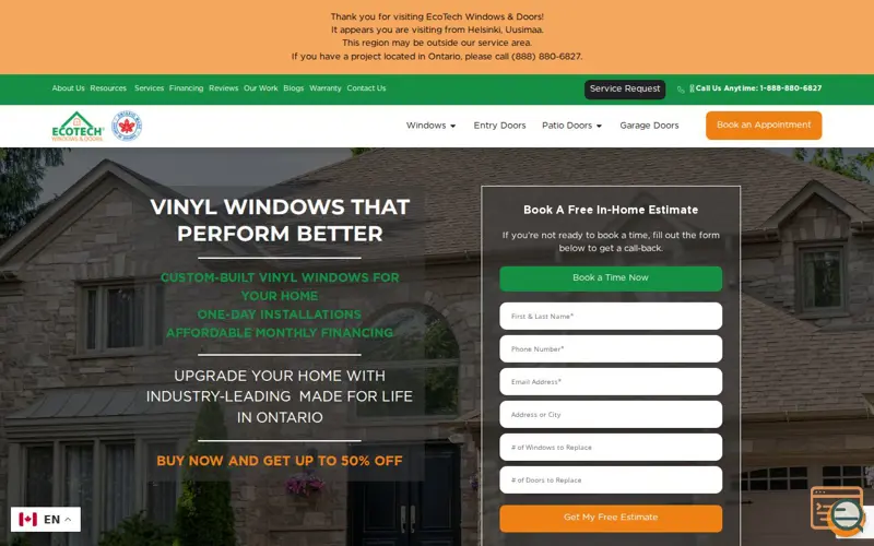 Screenshot of EcoTech Windows & Doors, a launch using A2 Hosting