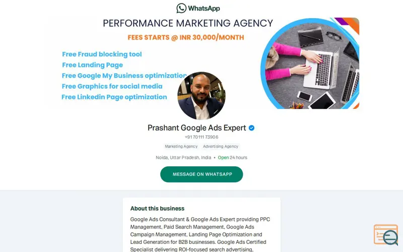 Screenshot of Choose Best Google Ads Expert in India, a launch using WhatsApp DNS