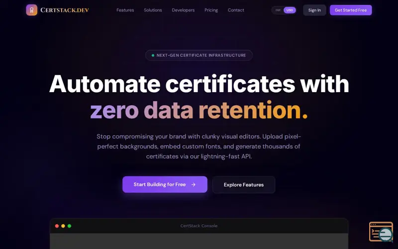 Screenshot of Certstack.dev - Professional Certificate Generator & API