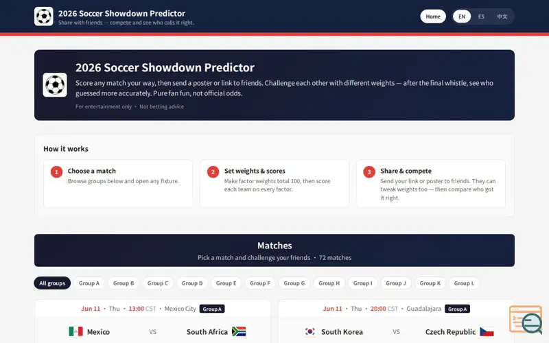 Screenshot of 2026 Soccer Showdown Predictor