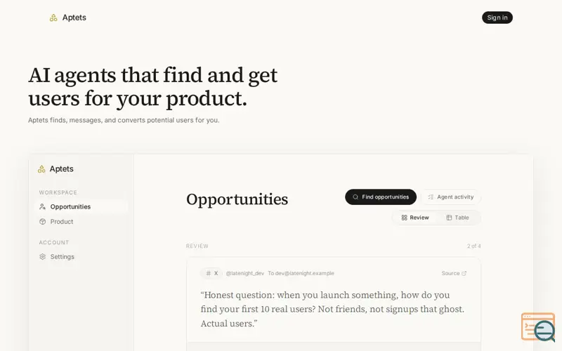 Screenshot of Aptets: outreach for vibe-coded projects