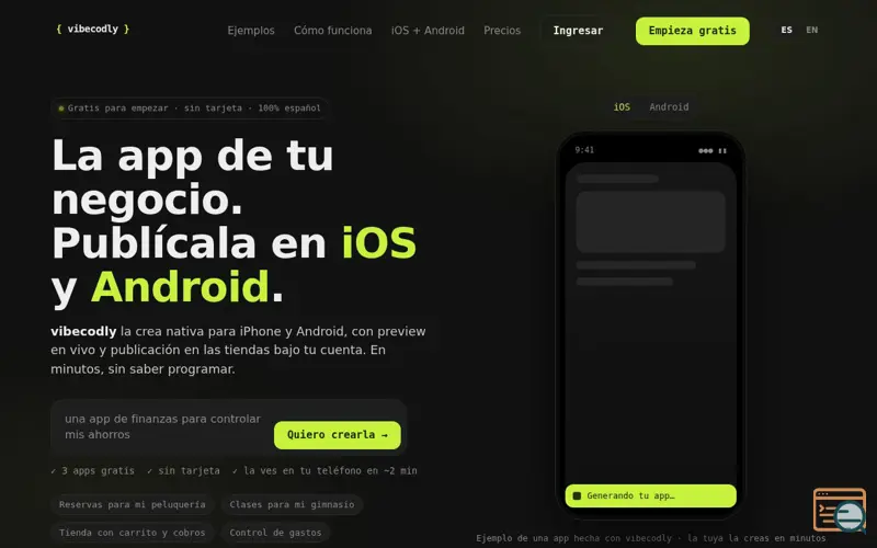 Screenshot of vibecodly · Crea apps para iOS y Android sin programar