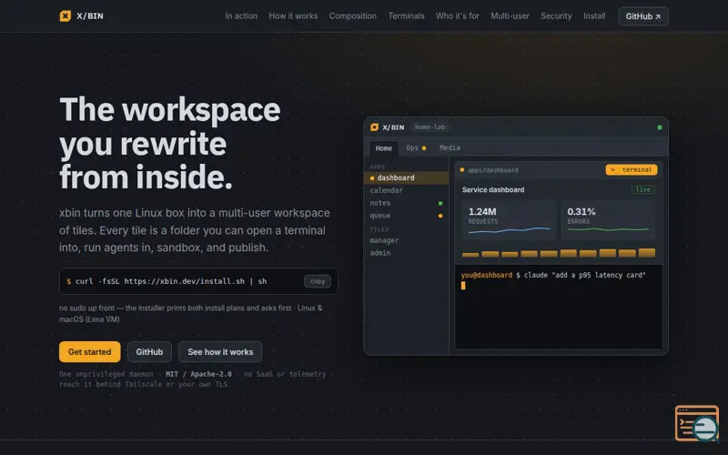 Screenshot of xbin: a self-hosted, sandboxed, self-modifying workspace