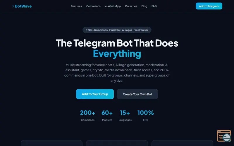 Screenshot of BotWave — The Ultimate Telegram Bot for Group Management, AI, Games & More