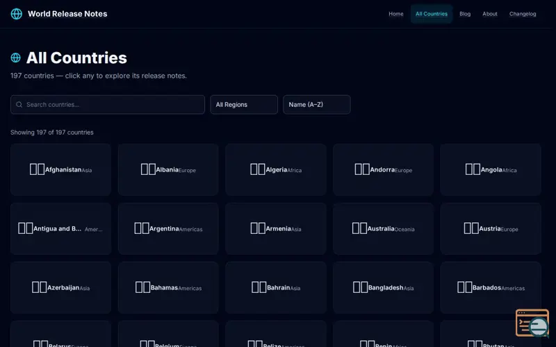 Screenshot of Worldreleasenotes