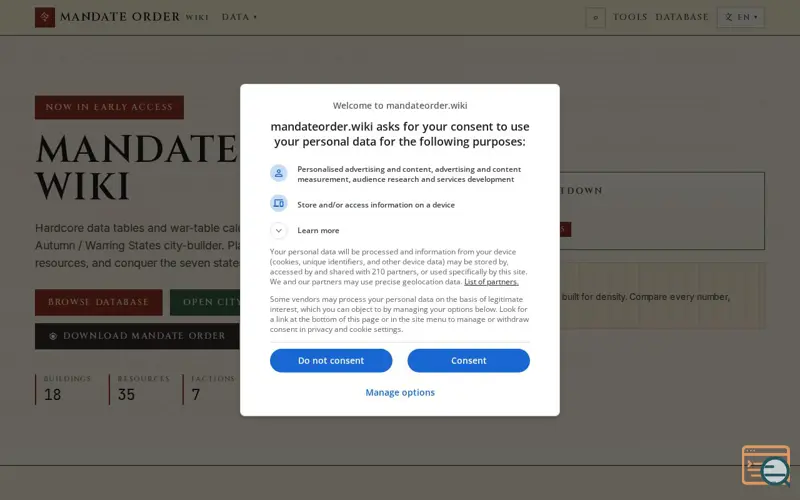 Screenshot of Mandate Order Wiki