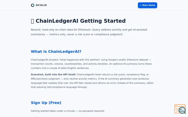 Screenshot of ChainLedgerAI: On-Chain Metrics API