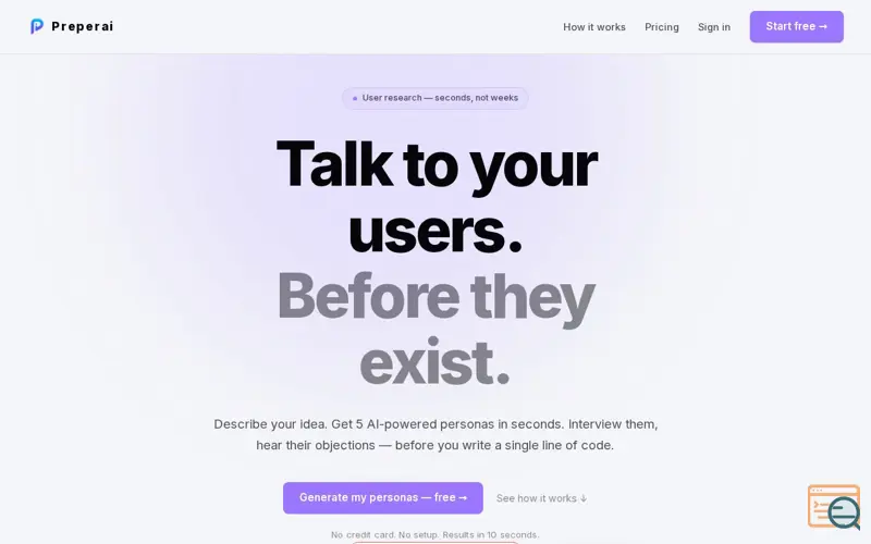 Screenshot of Preperai — Talk to your users