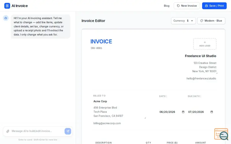 Screenshot of Ai invoice genaretor 