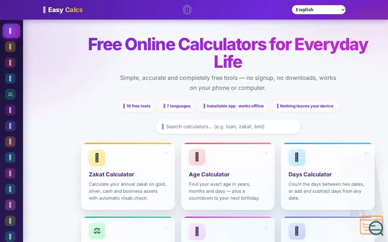 Screenshot of EasyCalcs — Free Online Calculators: Zakat, Age, Days, BMI & More