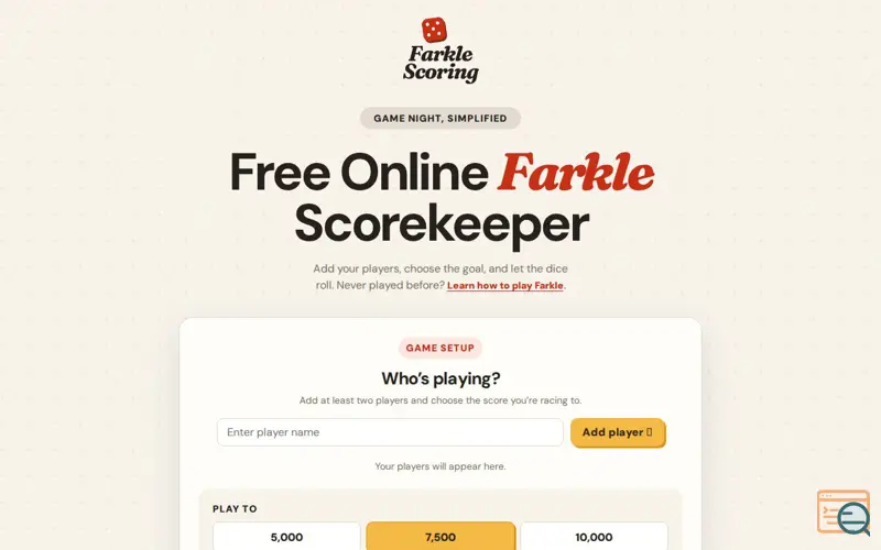 Screenshot of Free Online Farkle Scorekeeper & Scoring Guide