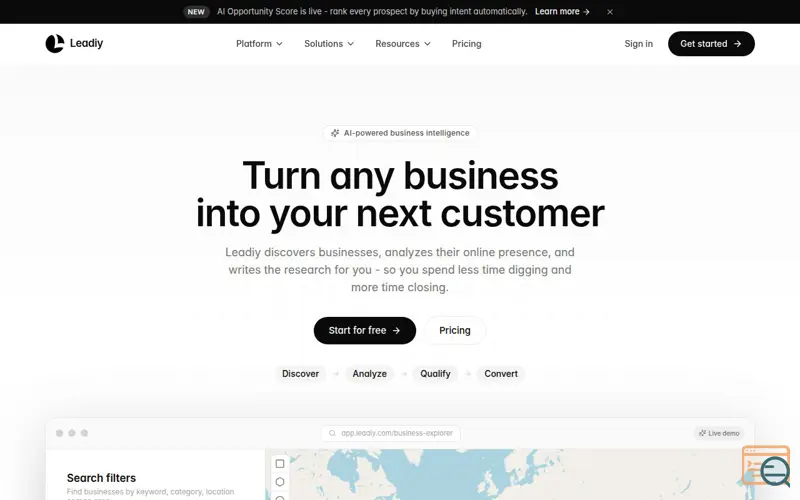 Screenshot of Leadiy - AI Business Intelligence & Market Research Platform