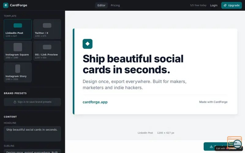 Screenshot of CardForge — Social Media Card Generator