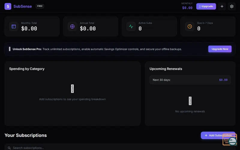 Screenshot of SubSense — Know Where Your Money Goes