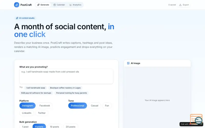 Screenshot of PostCraft AI,SocialMedia ContenGenerator
