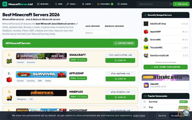 Screenshot of MinecraftServersList