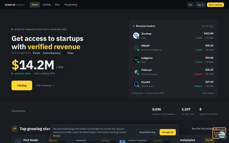 Screenshot of StartupMarket (Real MRR Startups)