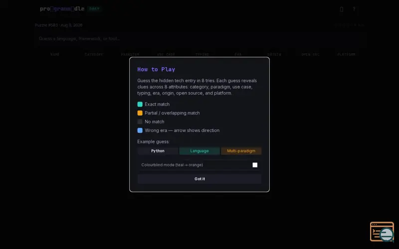 Screenshot of Programmdle — Guess the Tech