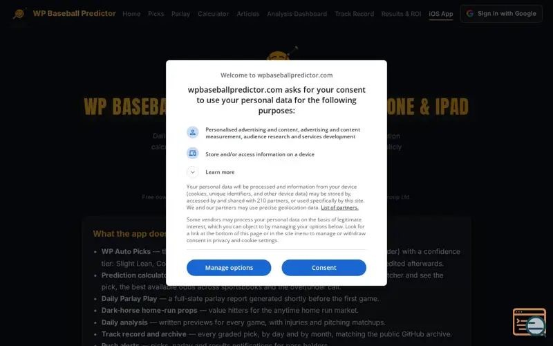 Screenshot of WP Baseball Predictor