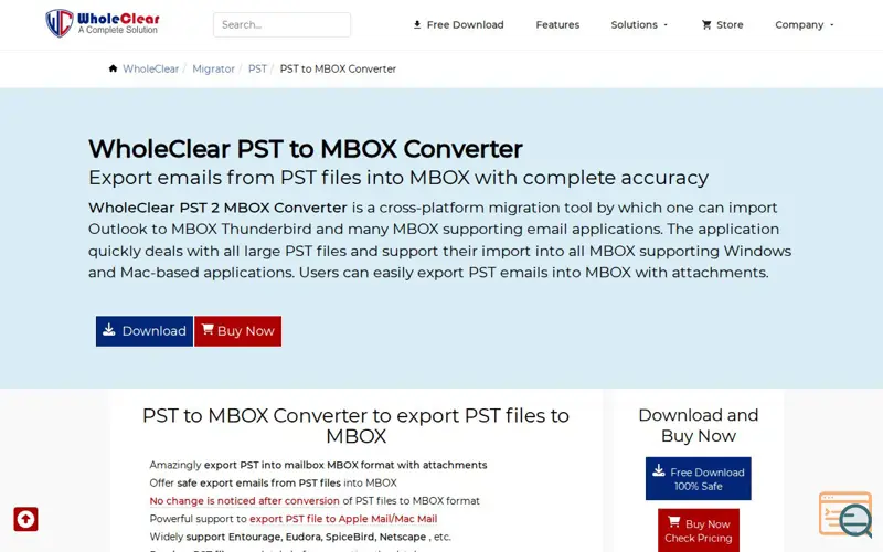 Screenshot of WholeClear PST to MBOX Converter