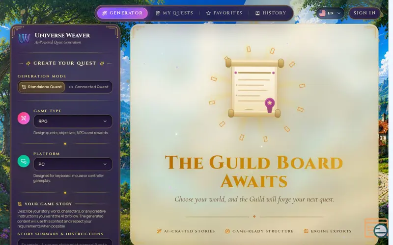 Screenshot of Universe Weaver — Yapay Zeka Destekli Görev Üretimi