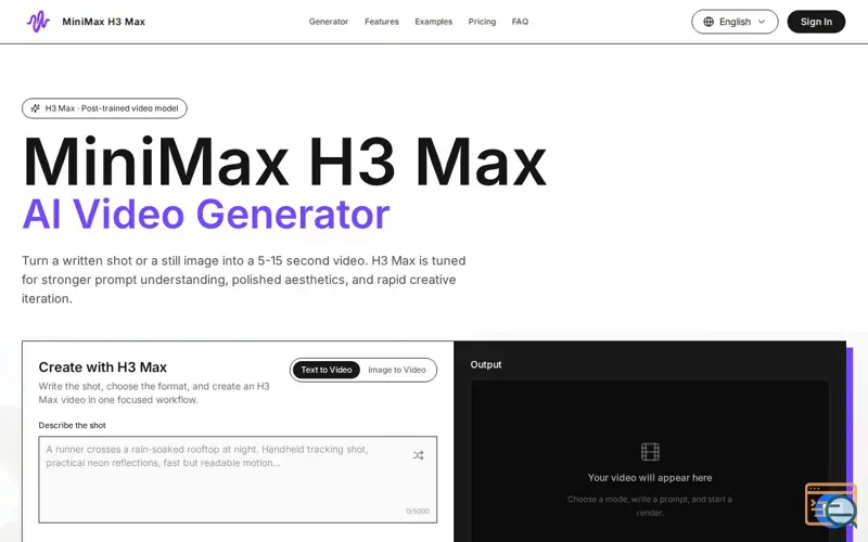 Screenshot of MiniMax H3 Max AI Video Generator | MiniMax H3 Max