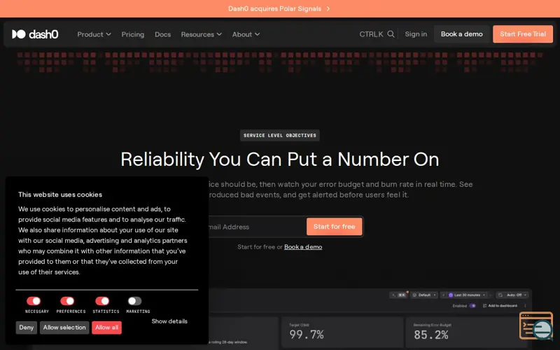 Screenshot of Service Level Objectives · Dash0, a launch using Dash0