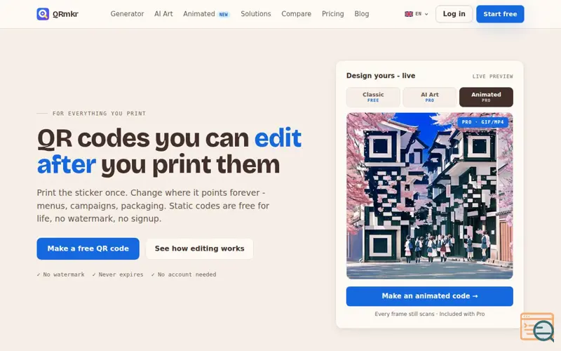 Screenshot of QRmkr - Dynamic QR codes you can edit after you print them