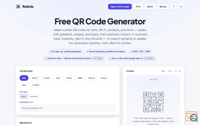 Screenshot of Free QR Code Generator — Reticle