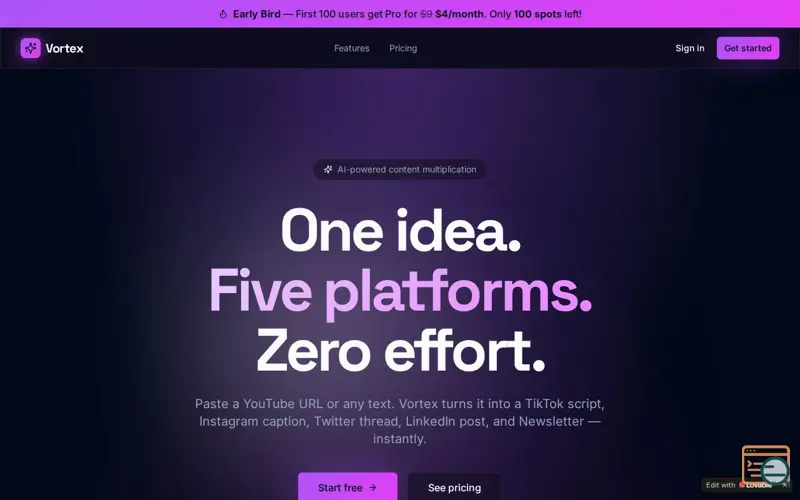 Screenshot of Vortex AI — Content for 5 platforms