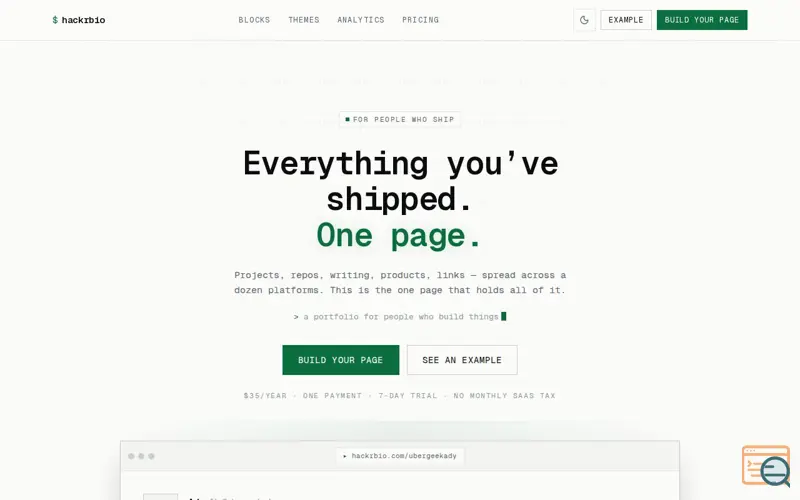 Screenshot of HackrBio — Everything you’ve shipped. One page.
