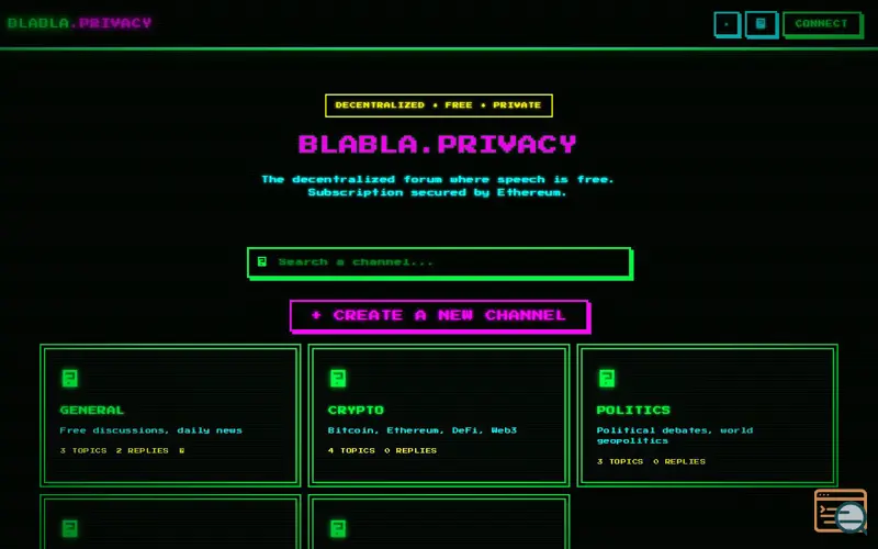 Screenshot of Blabla.Privacy, a launch using IPFS