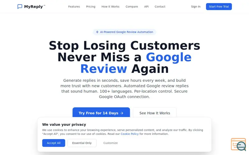 Screenshot of MyReply - Google Review Automation, a launch using Tuta Mail