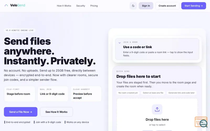 Screenshot of VeloSend