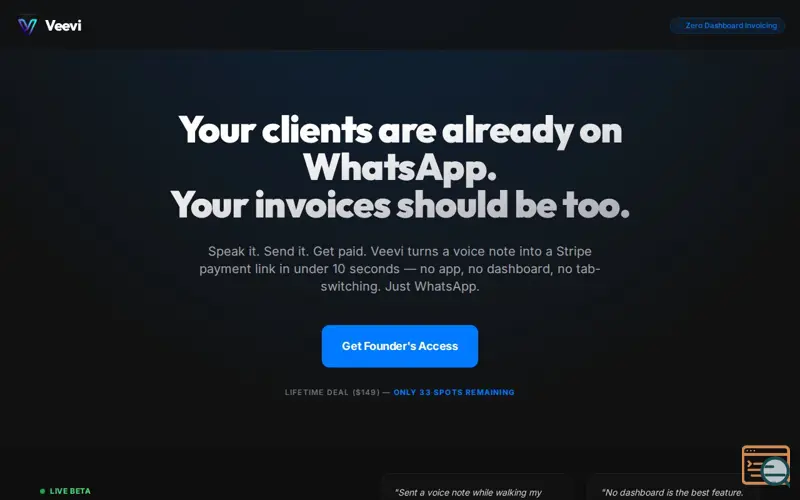 Screenshot of Veevi — Invoice from WhatsApp in Seconds