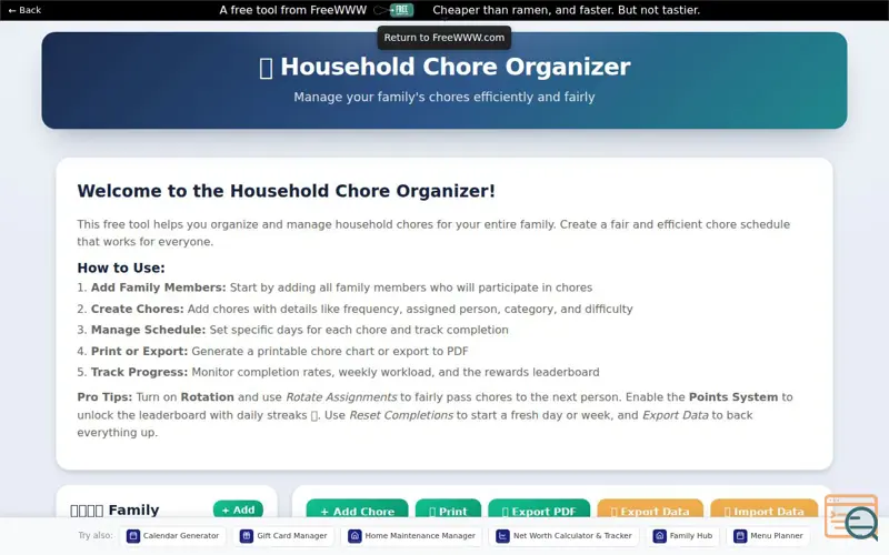 Screenshot of FreeWWW Household Chore Organizer